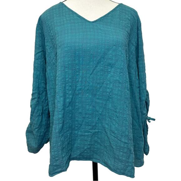 Ava & Viv Teal V-Neck Blouse 1X - Lightweight Cotton-Blend with Ruched Sleeves - Picture 1 of 10